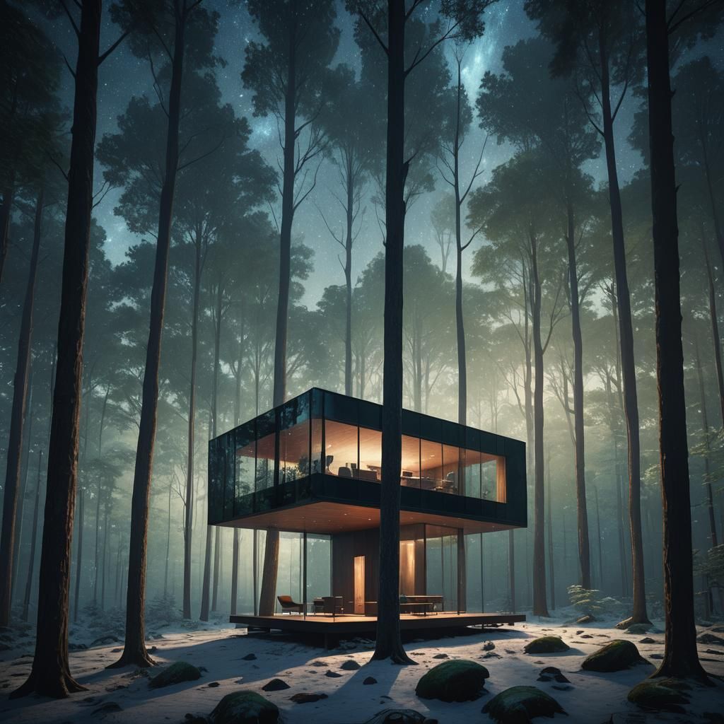 Minimalist Glass Cabin in Forest: Matte Painting
