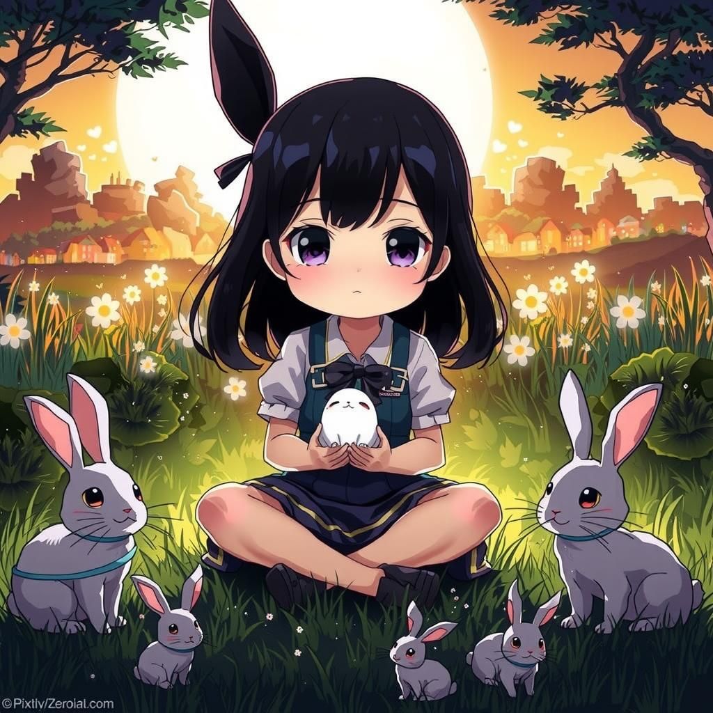 Chibi Girl with Rabbits in Anime Style