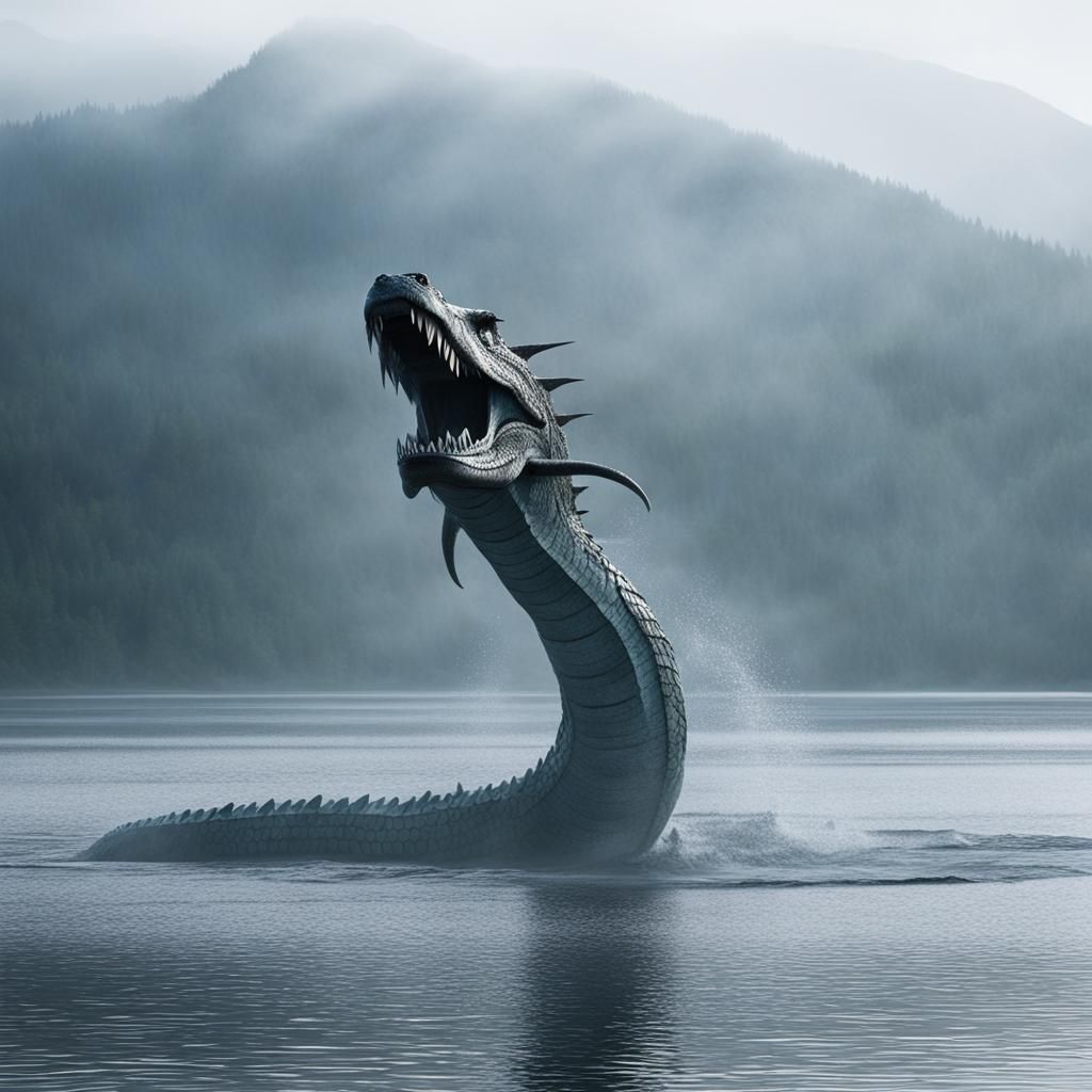 Gargantuan Sea Serpent Emerges from Misty Lake