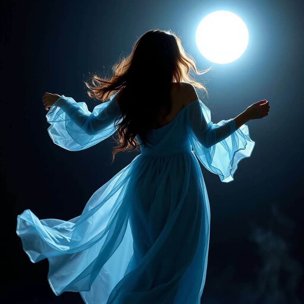 Ethereal Woman in a Flowing Gown Dances Under Starlight
