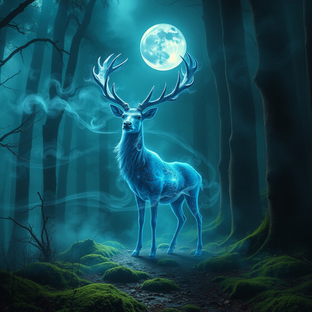 Crystalline shards of sapphire moonlight pierce through a fo...