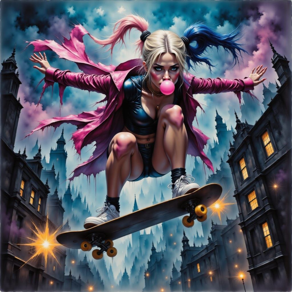 Harley Quinn, dynamic and powerful, soaring through the dark...