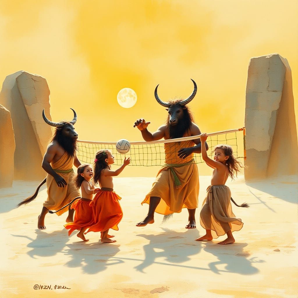 Minotaur Family Volleyball: Gouache and Watercolor Art