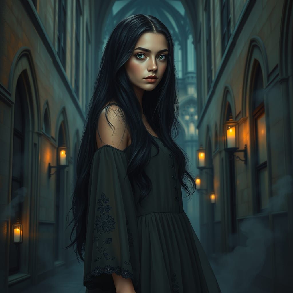 Gothic Cathedral Beauty in Flowing Gown