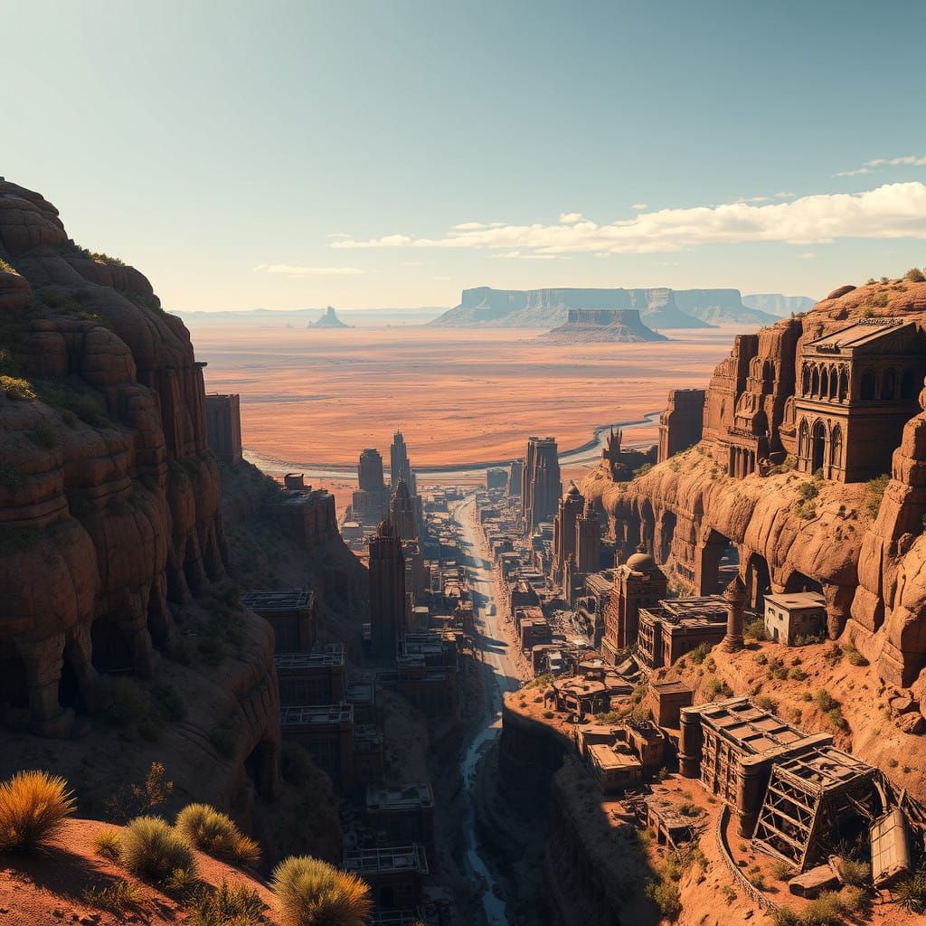 Post-Apocalyptic Metropolis in Golden Canyon Light