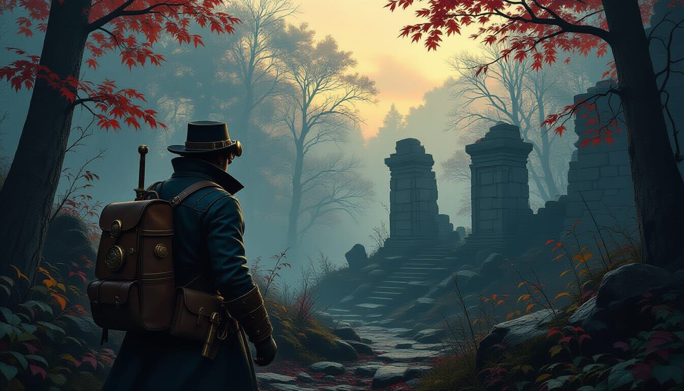 Victorian Explorer in Foggy Autumn Forest at Dusk