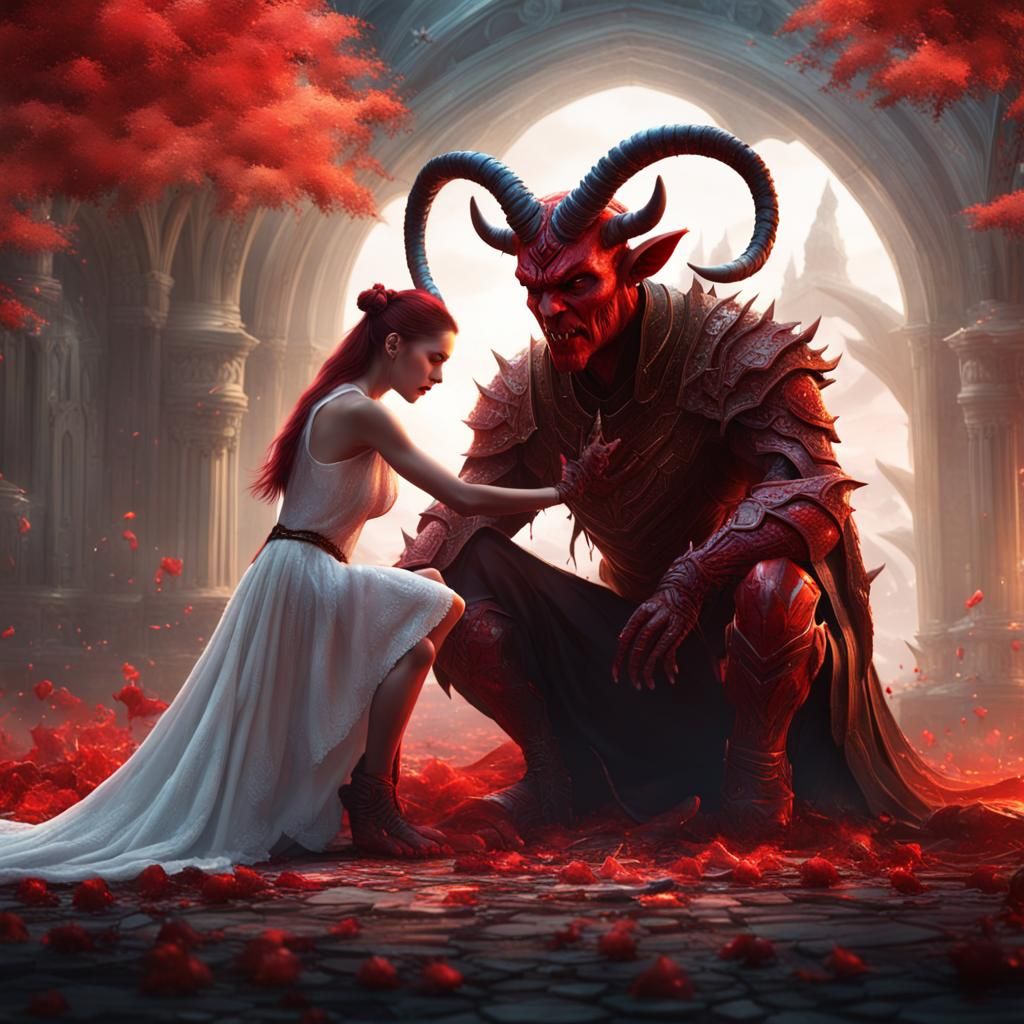 Red Devil and Kneeling Lady: Fantasy Concept Art