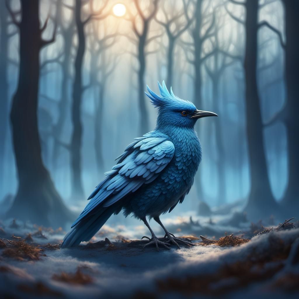 Ethereal Blue Mist Bird in Winter Forest