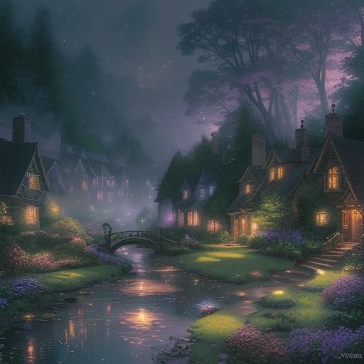 Ethereal Village with Fireflies in Kinkade Style