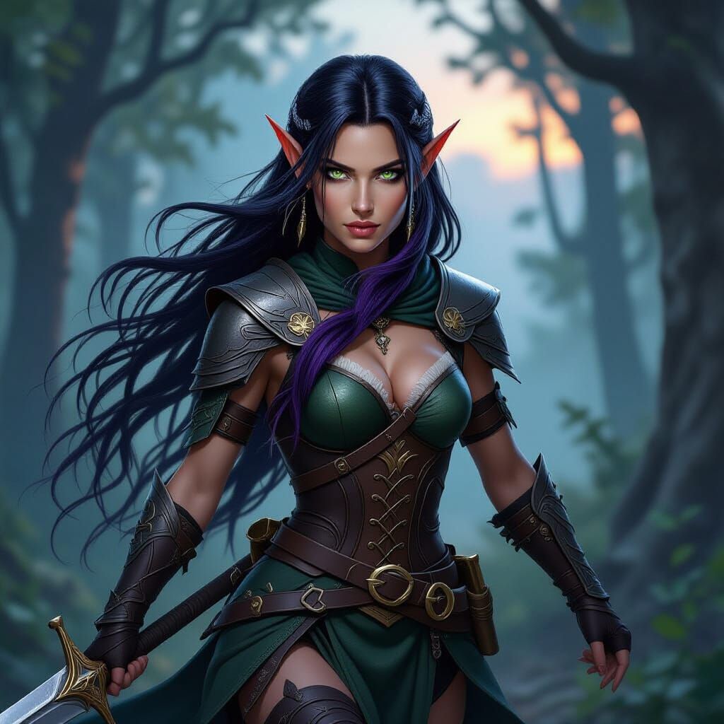 Elven Rogue Warrior Running Through Forest at Dusk
