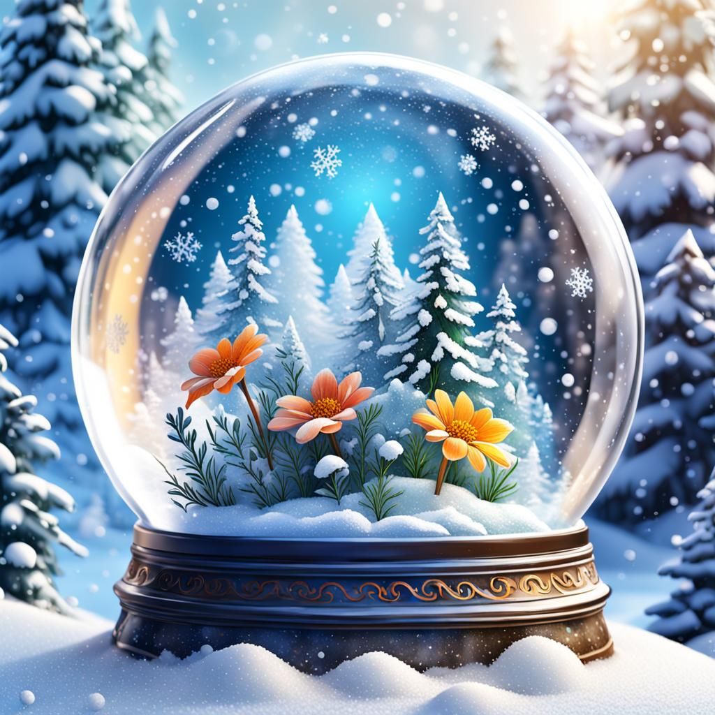 Hyperrealistic Snow Globe with Winter Flowers