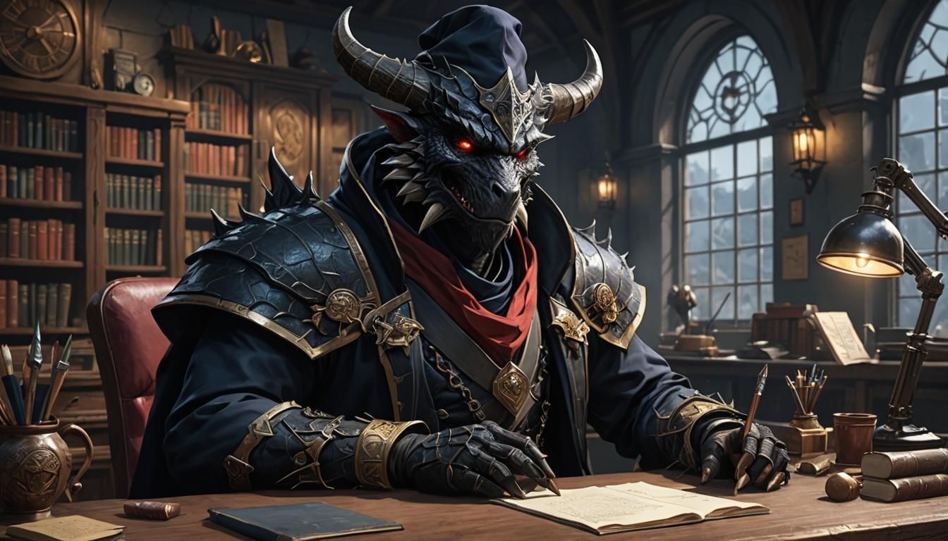 Dragonborn Wizard at Desk in 3D Anime Art Style