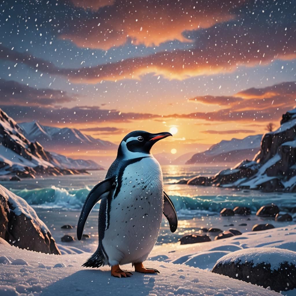 Vibrant Penguin Amidst Sunset Snowfall