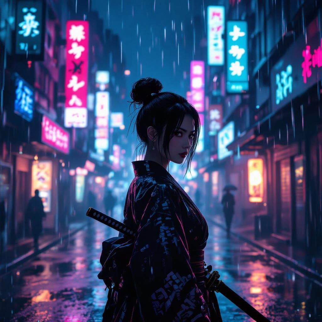 Cyberpunk Samurai Woman on Neon Street