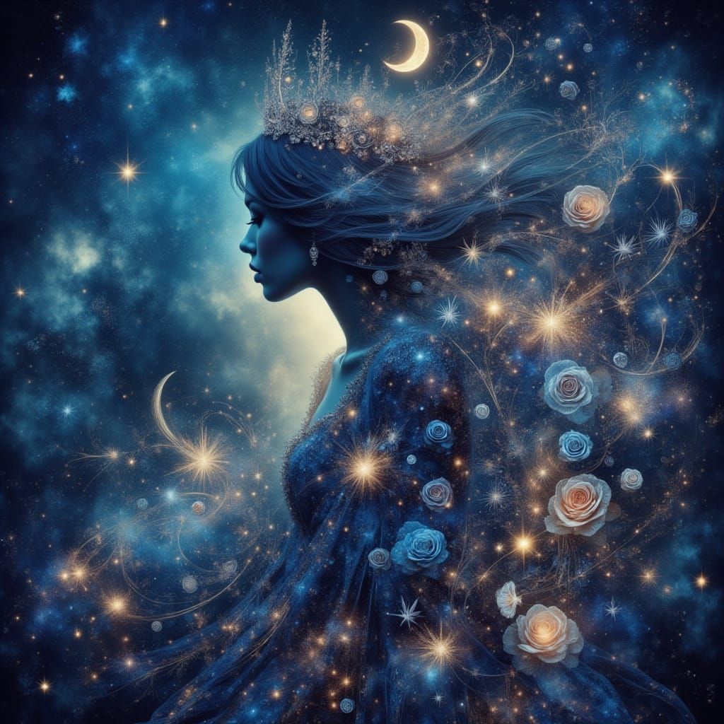 Surreal Double Exposure: Woman in Dreamscape with Roses