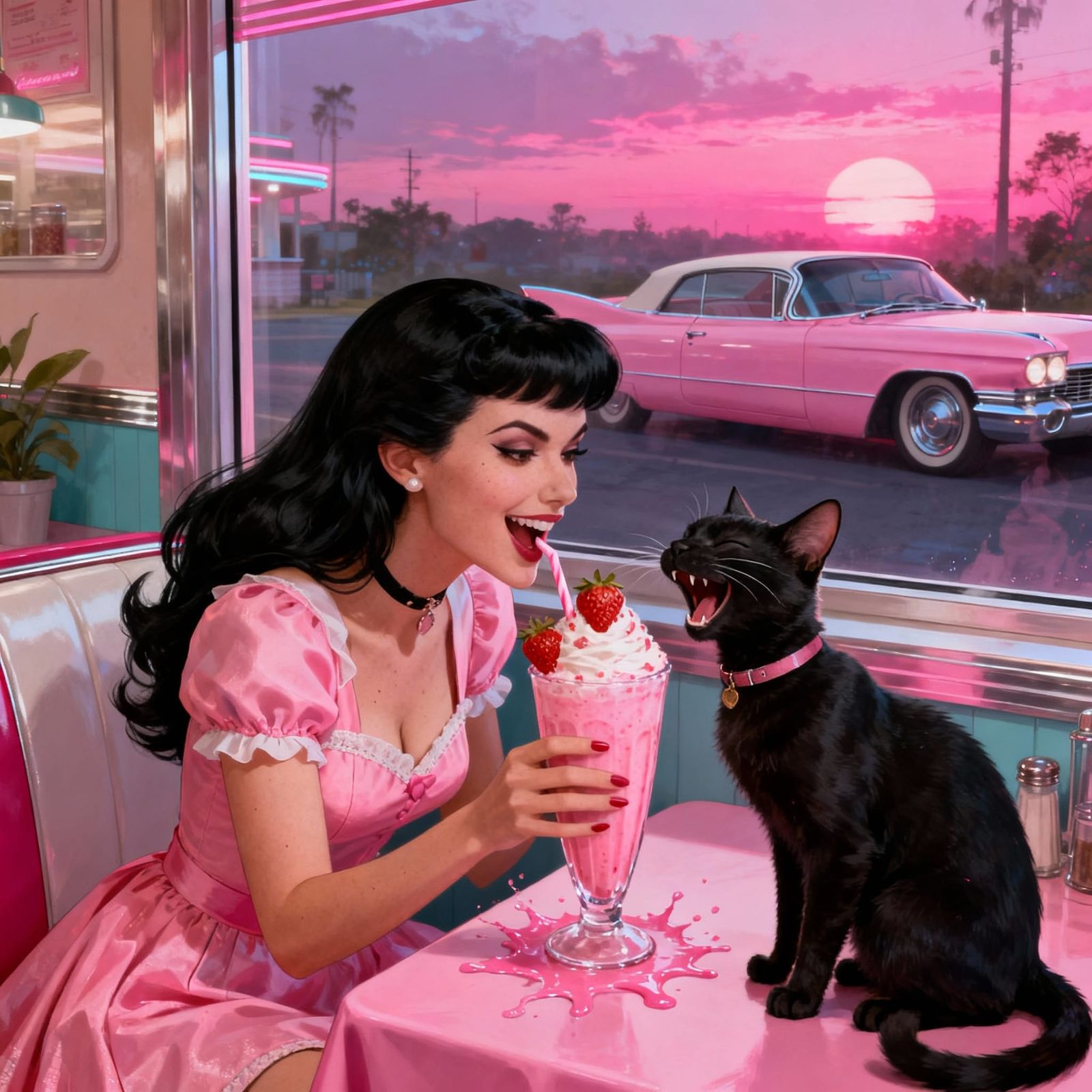 1950s Woman Shares Milkshake with Laughing Cat