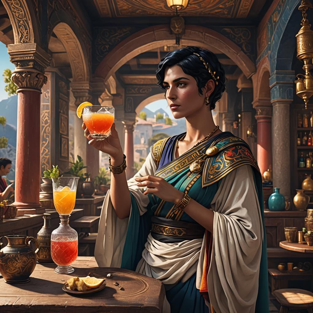 Young Greek Woman Serving Drink, Detailed Matte Painting