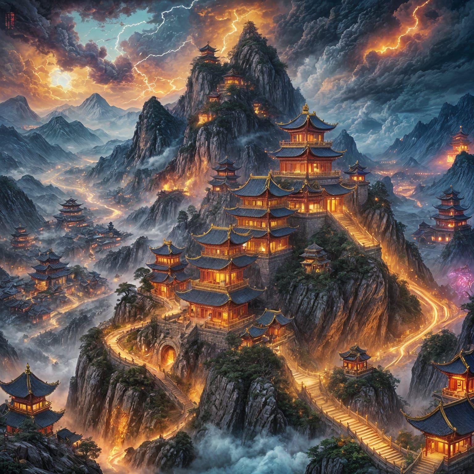 Mountain Peak City in Blizzard with Golden Dragon