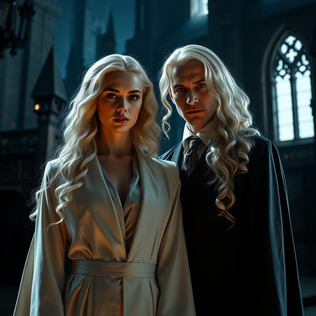 Elegant Young Woman in Hogwarts Robes Beside a Young Man