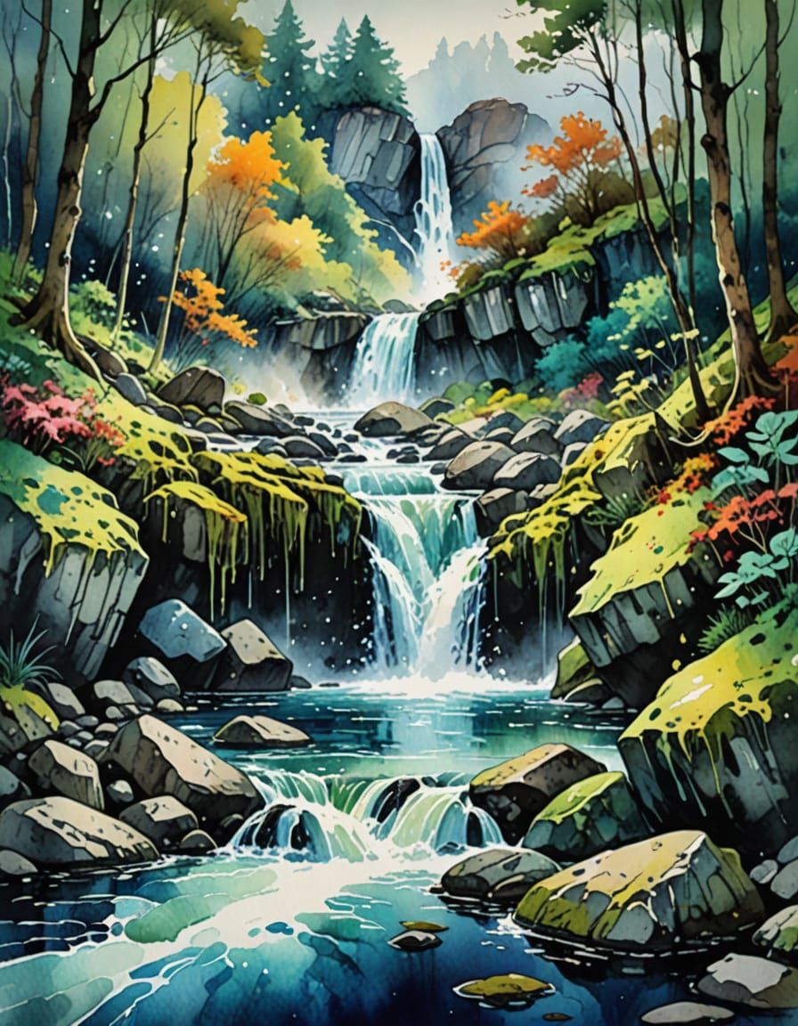 Vibrant Watercolor Waterfall Oasis with Splatter Effects