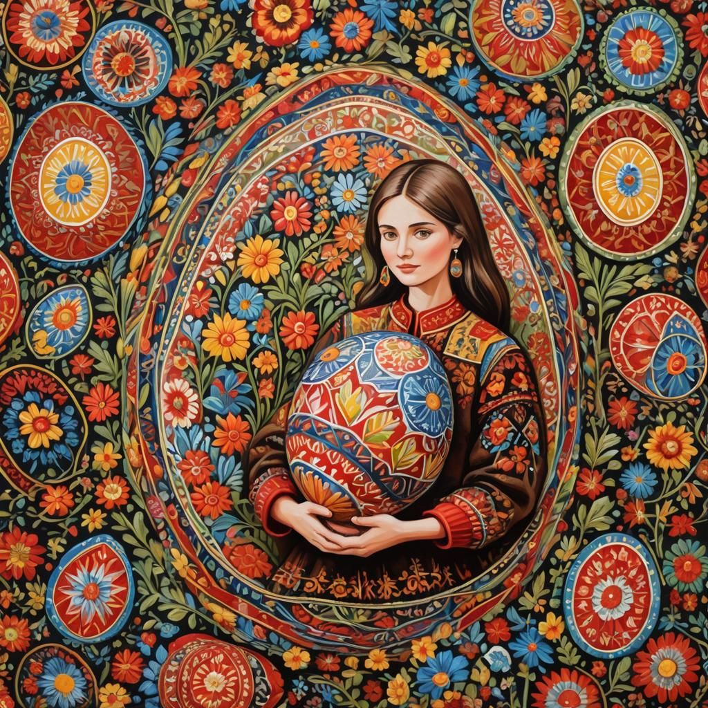 Ukrainian Folk Art: Woman with Intricate Easter Egg