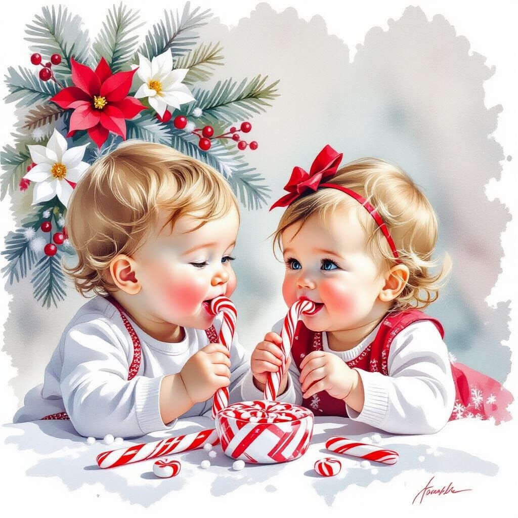 Ethereal Sisters Enjoying Candy Canes in Soft Watercolor