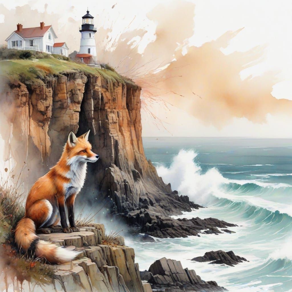 Fox Watches Lighthouse in Stylized Watercolour