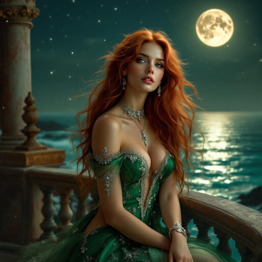 Ethereal Woman on Balcony in Alphonse Mucha Style