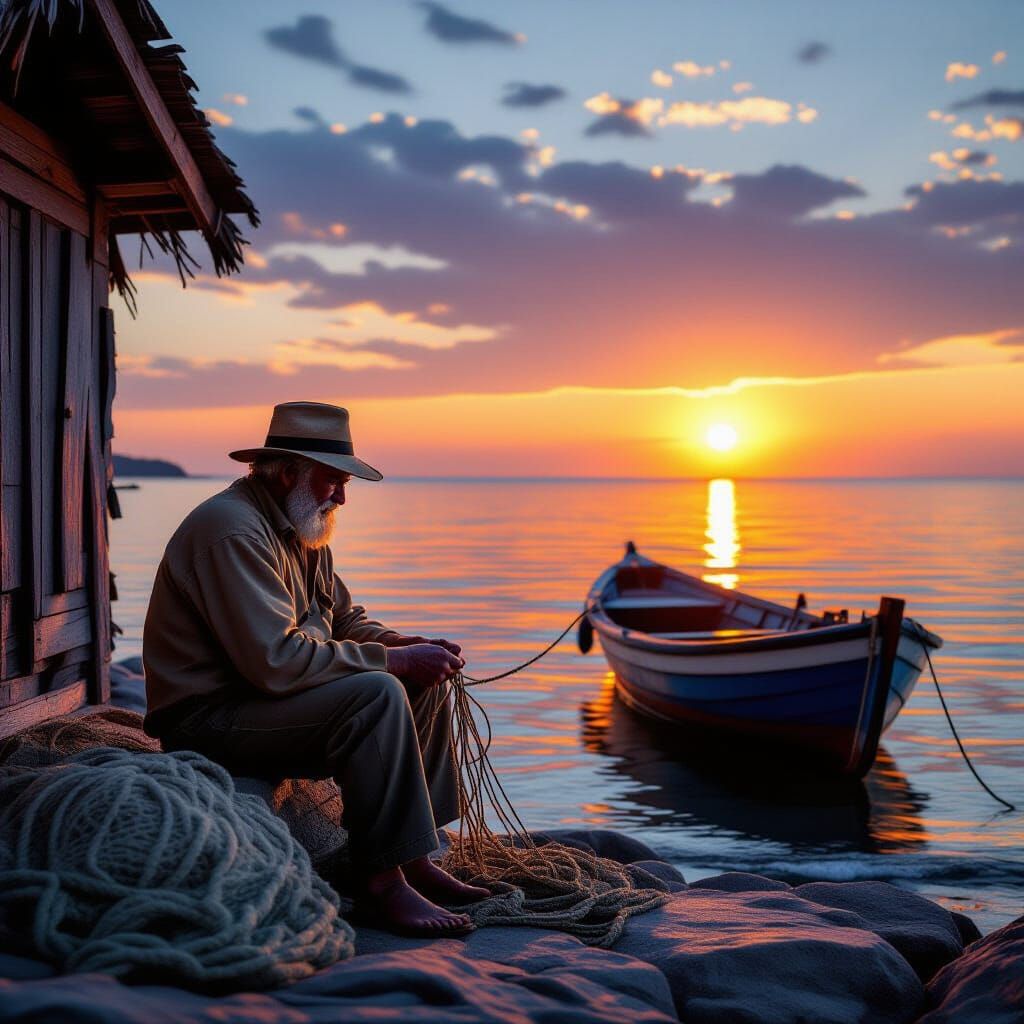 Fisherman Mending Nets at Sunrise: A Photorealistic Masterpi...