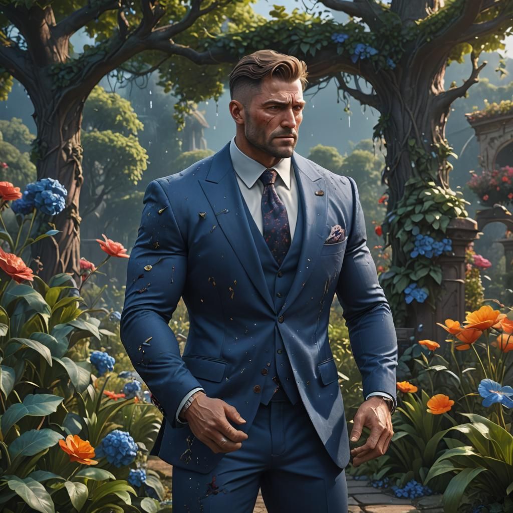 Crying Man in Blue Suit in Lush Garden