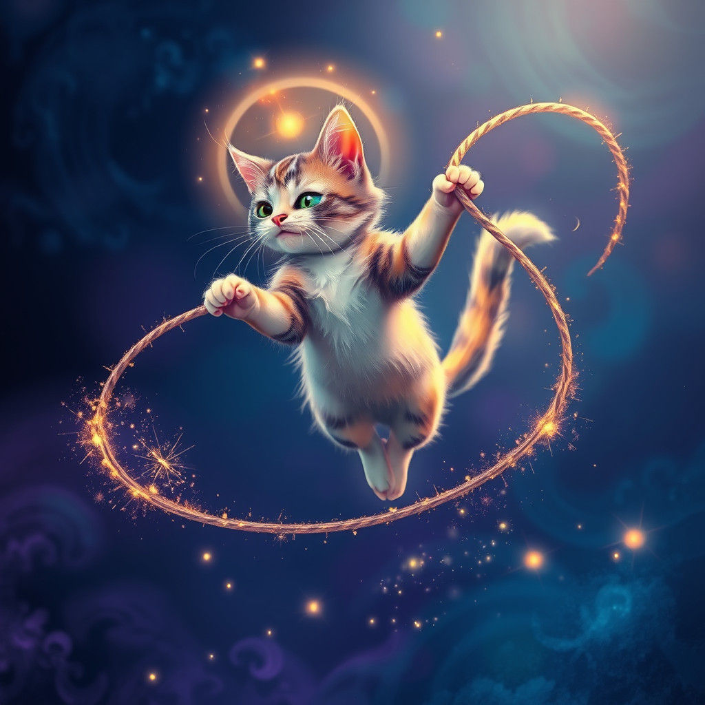 Whimsical Iridescent Cat Leaping in a Fantasy World