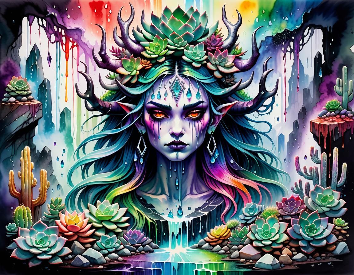 Pastel Goth Demoness with Crystals and Runes in Watercolor