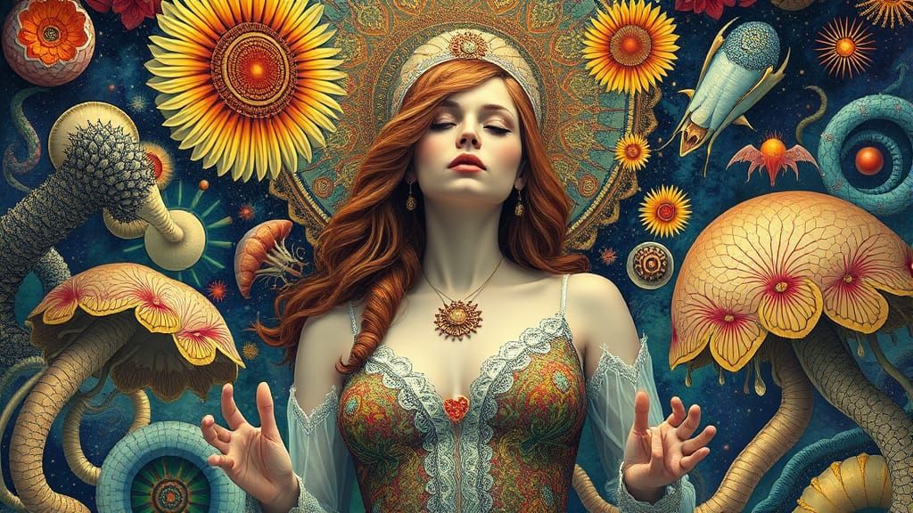 Psychedelic Woman in Surreal Biological Dreamscape