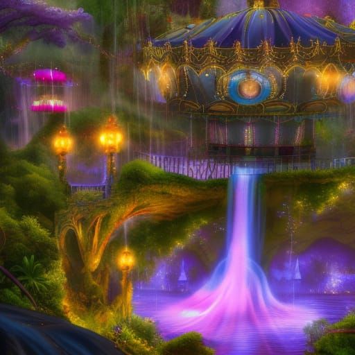 Attraction Park with Carousels and Waterfall