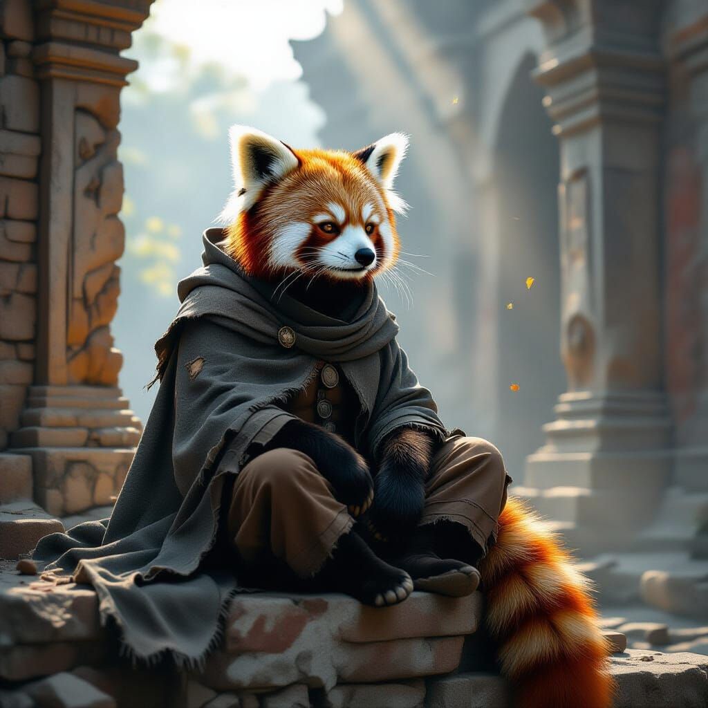 Red Panda in Tattered Cloak on Ancient Ruin