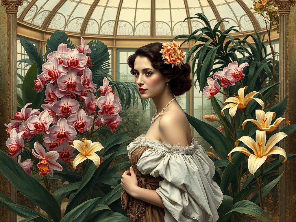 Victorian Woman Surrounded by Exotic Conservatory Flowers
