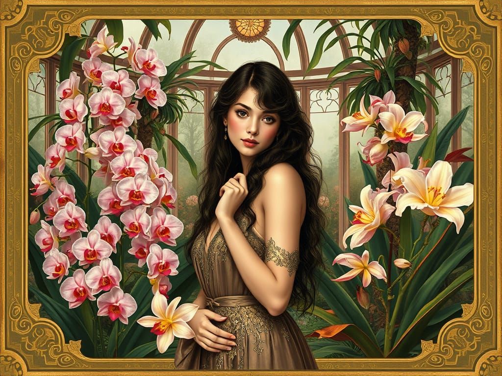 Victorian Woman Surrounded by Exotic Flowers in Art Nouveau ...