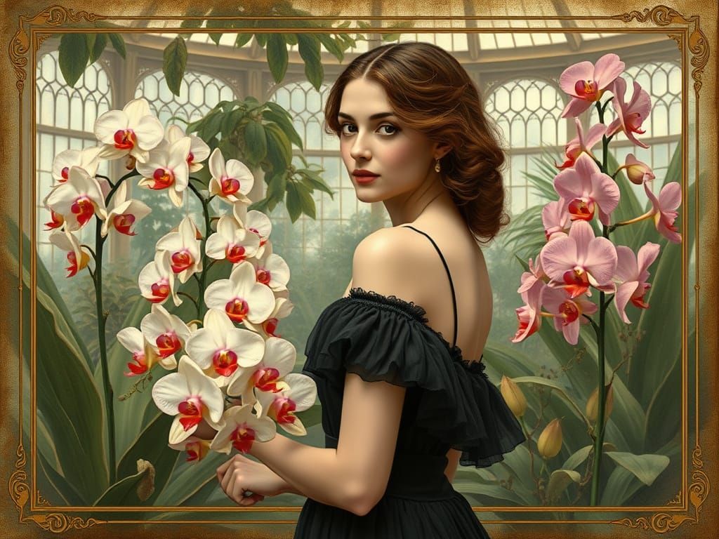 Elegant Woman in Victorian Conservatory, Art Nouveau Style