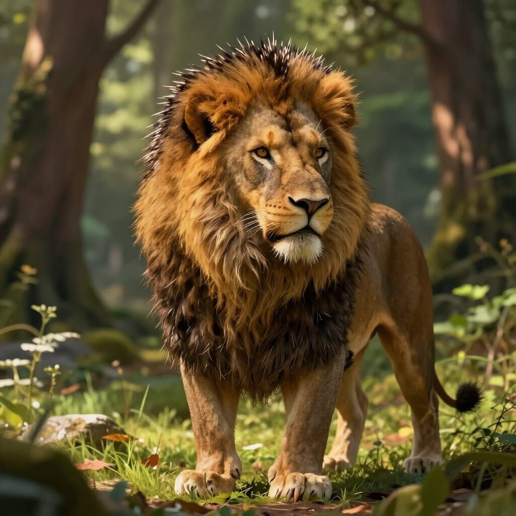 Lion Hedgehog Hybrid Creature in Forest