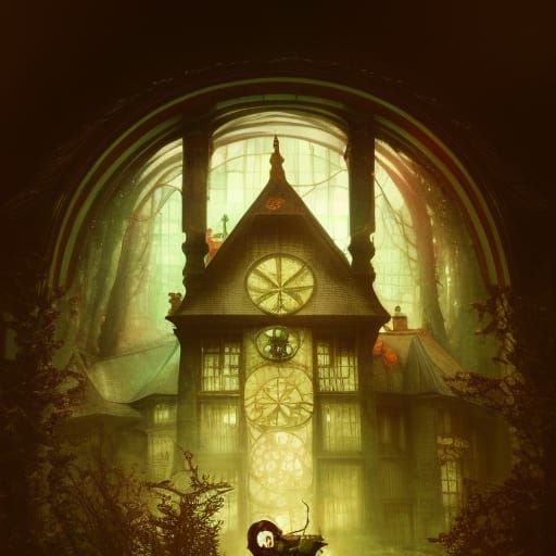 Magical Haunted Witch House Illustration in Art Nouveau Styl...