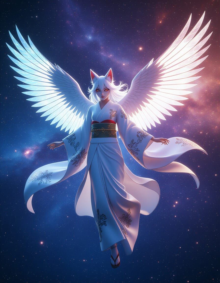 Celestial Kitsune Soaring Through Nebula: Anime Style