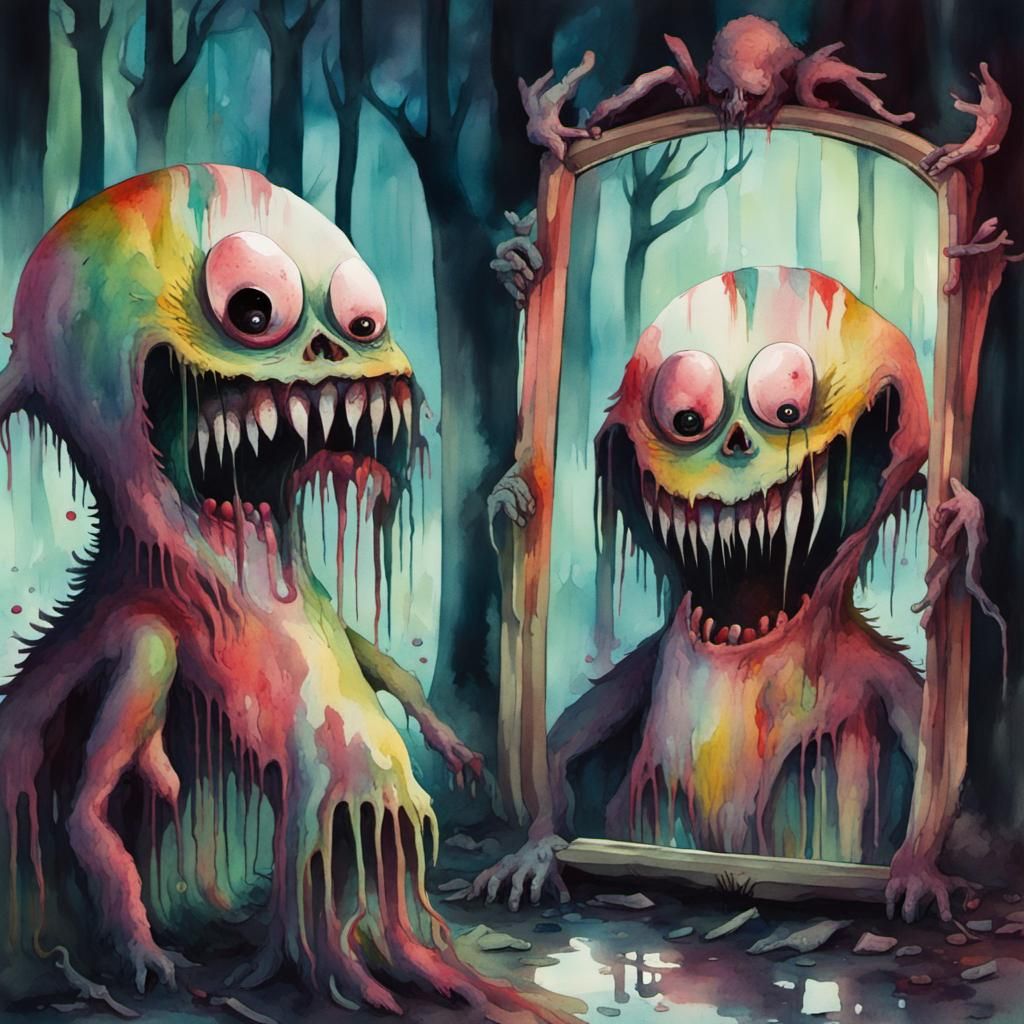 Happy Monster and Sad Reflection in Glitch Art
