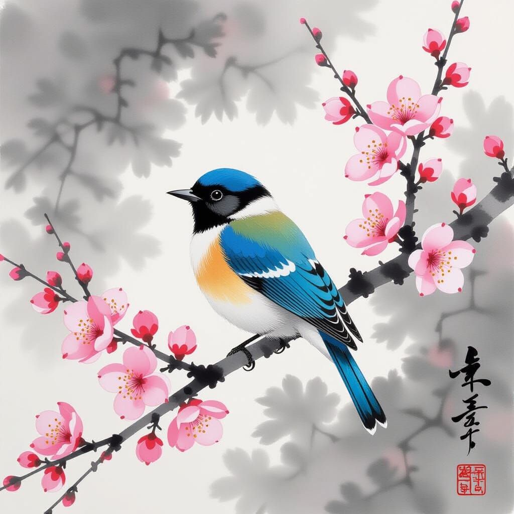 Grandala Bird on Cherry Branch in Sumi-e Style