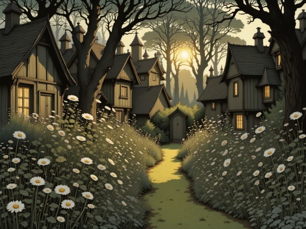 Sunlit Garden in Dark Backyard: Intricate Art