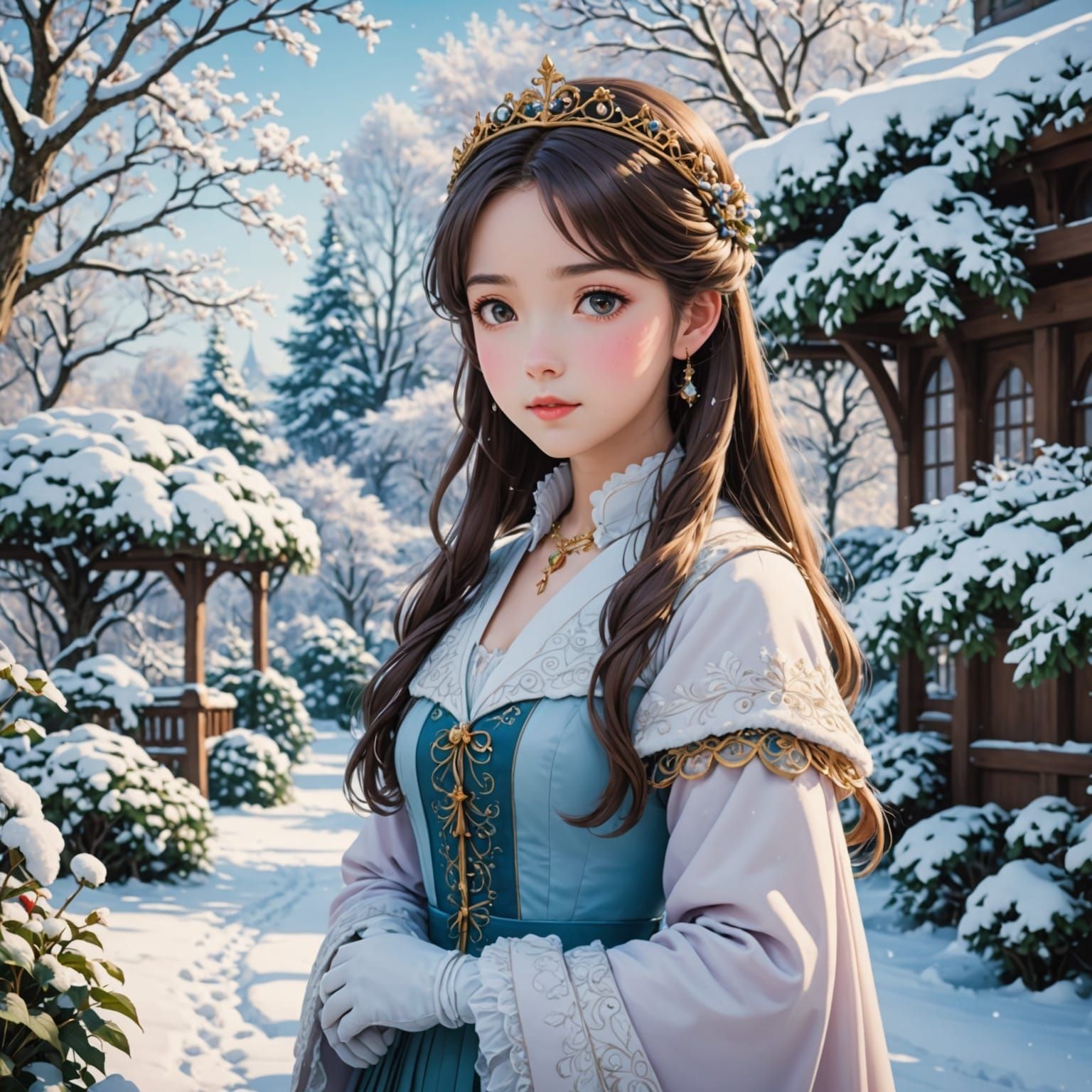 Princess in Serene Winter Garden, Anime Style