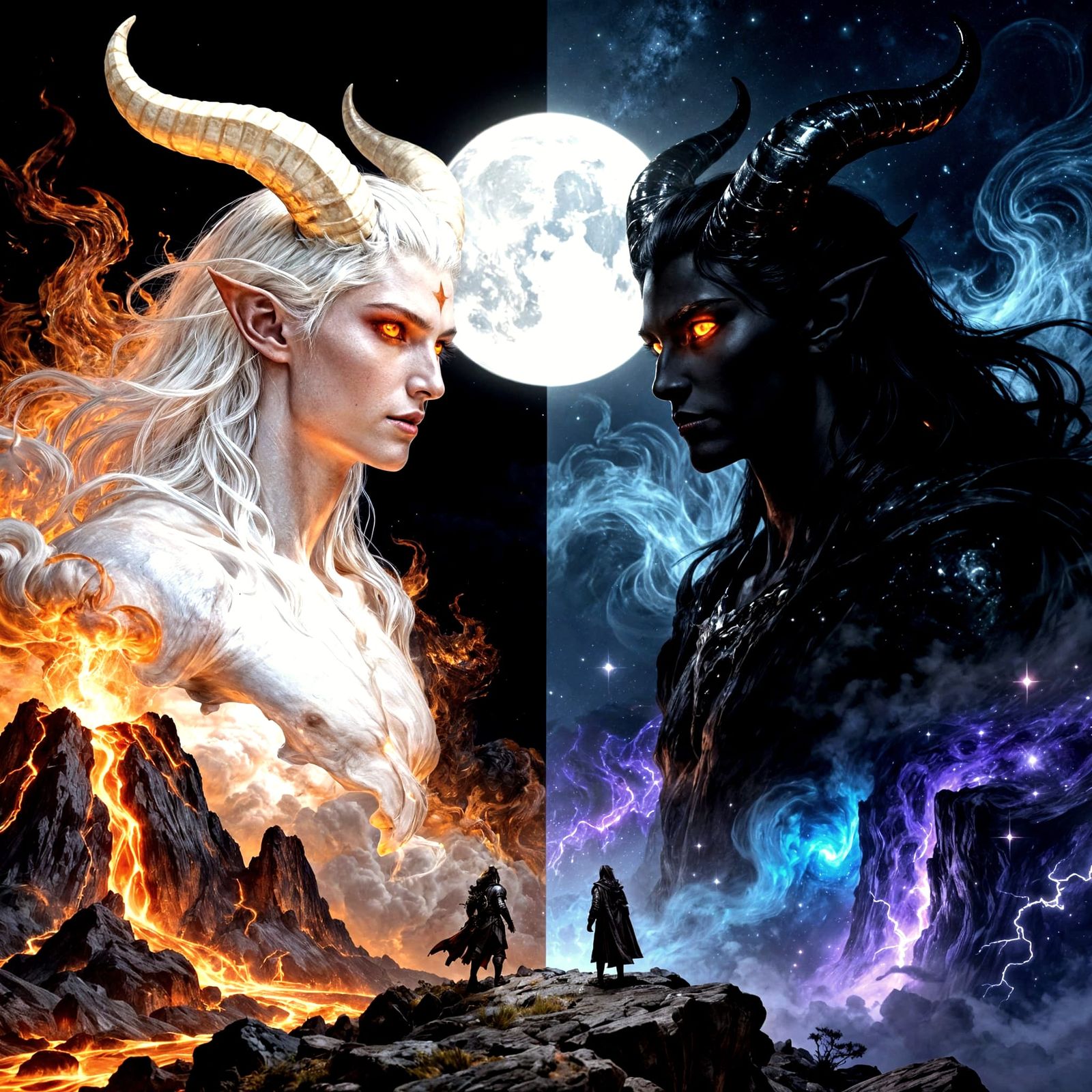 Symmetrical Horned Beings of Fire, Light, Shadow, and Night