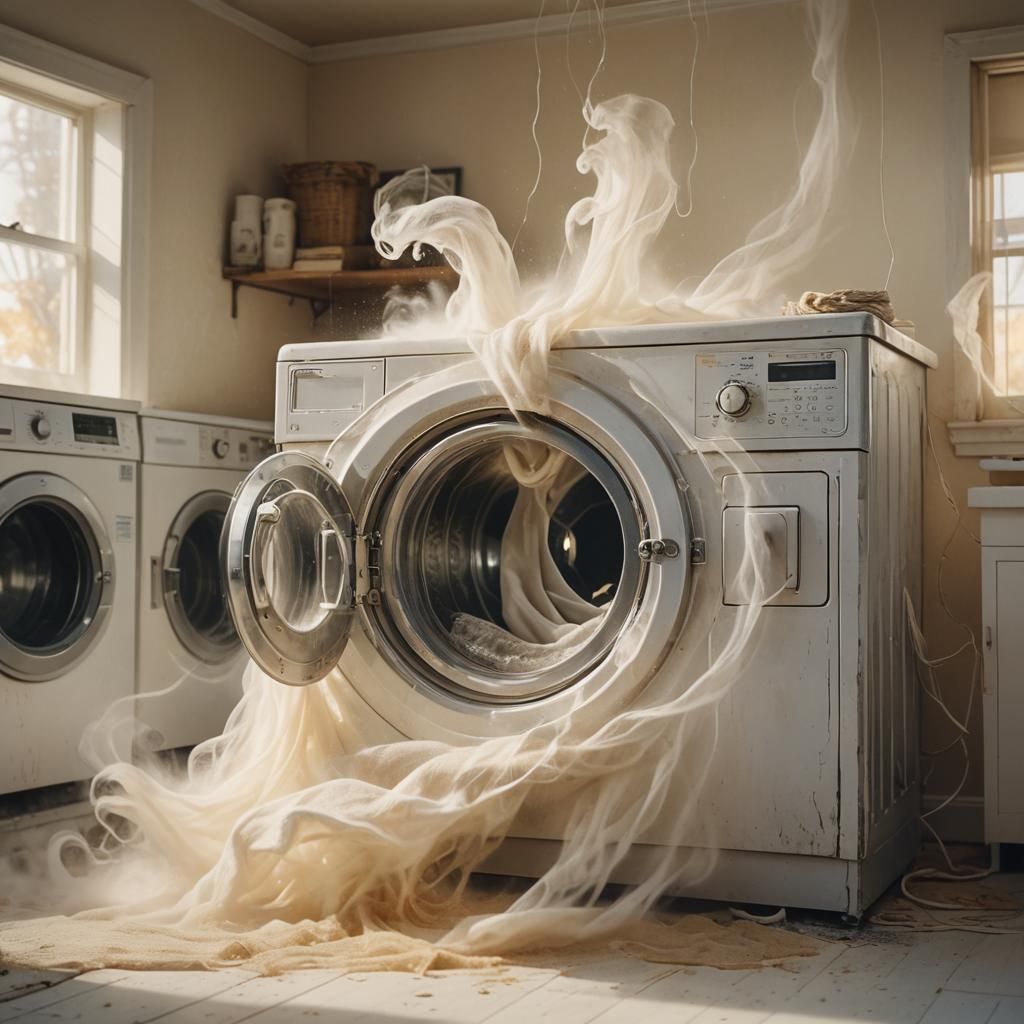 Ghost in Laundry Washer: Surrealist Watercolor Scene