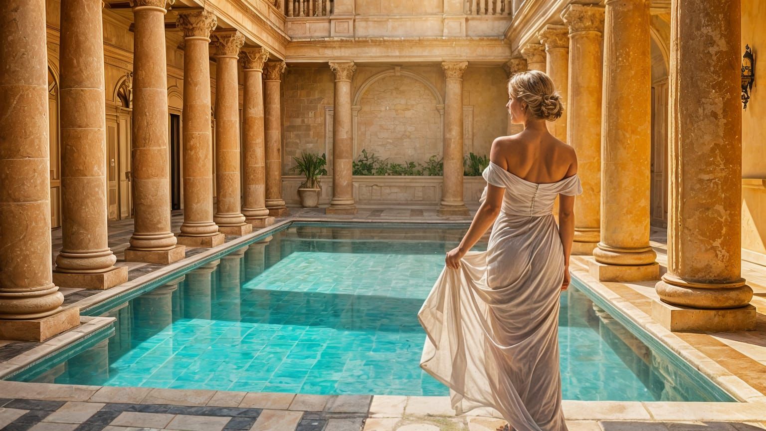 Roman Villa at Sunset with Hills Beyond