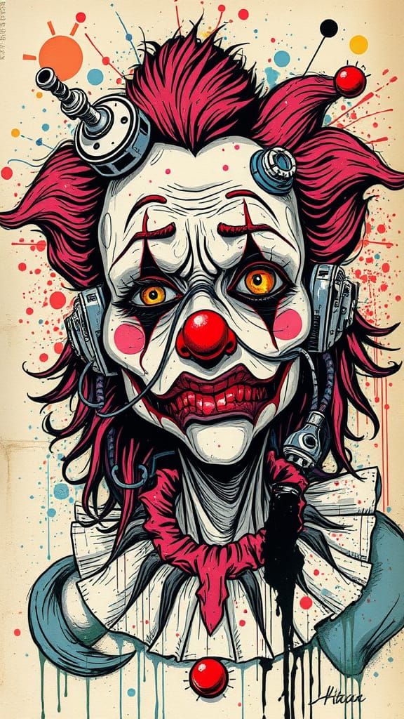 Glitchy Cyberpunk Clown Illustration in Steadman Style