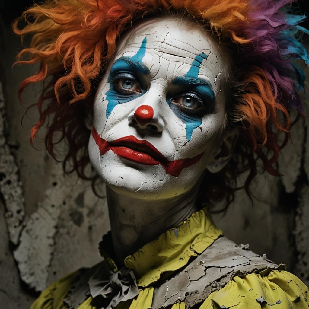 Surreal Clown Face in Grayscale, Gritty Surrealism